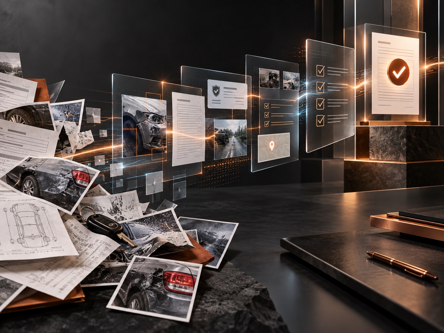 Insurance documents and accident evidence moving through an AI validation workflow